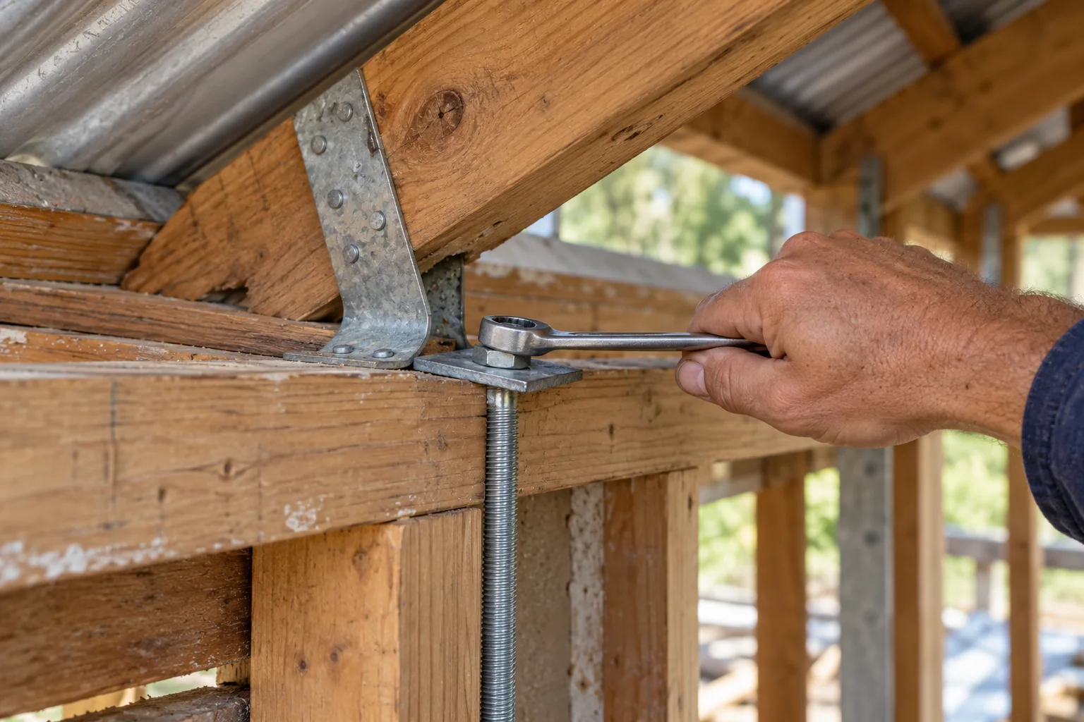 Builder fitting a roof tie down