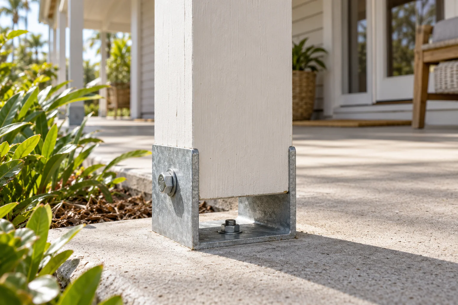 Verandah post on a metal bracket
