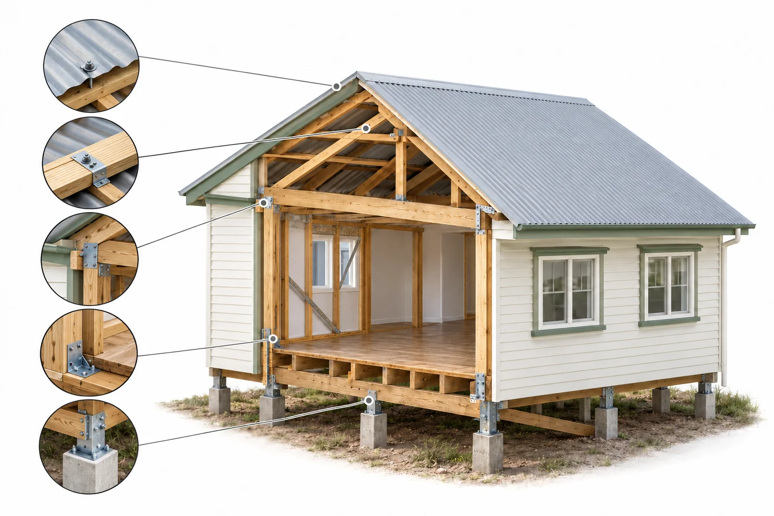 The tie down chain, from the roof sheets down to the stumps